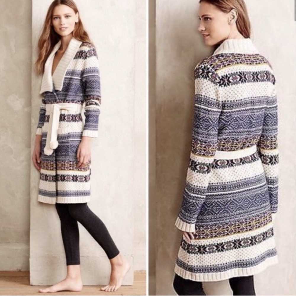E by Eloise | Anthro | Fair Isle Fireside Sweater Robe | Blue Multi | XS/S 🕦